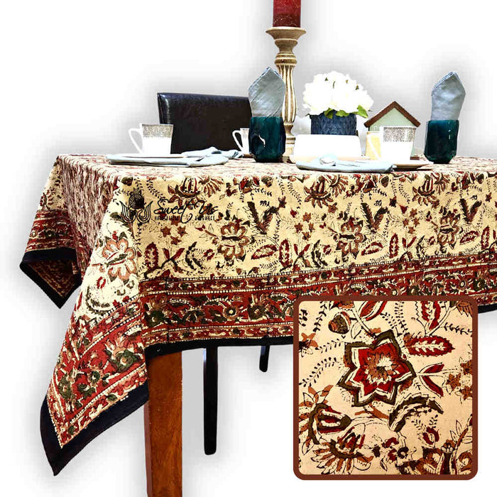 Rustic Autumn Floral Block Print Cotton Tablecloth Rectangle - Sweet Us
