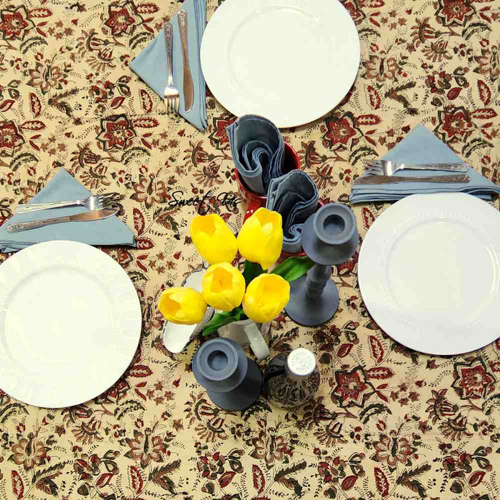 Rustic Autumn Floral Block Print Cotton Tablecloth Rectangle - Sweet Us