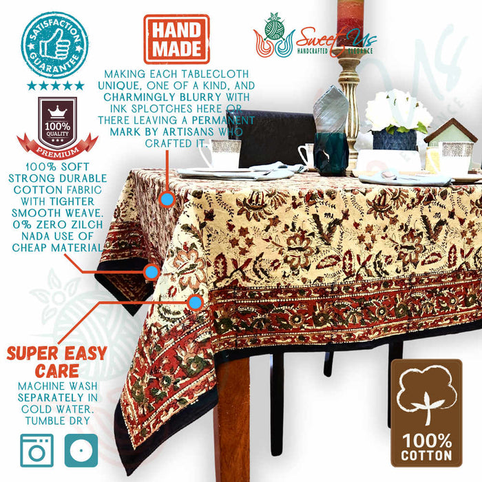 Rustic Autumn Floral Block Print Cotton Tablecloth Rectangle - Sweet Us