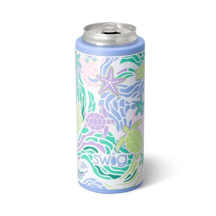 A colorful skinny can cooler with a floral and turtle pattern, branded with 'SWIG'.