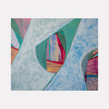 The artwork 'Symphony 11' by Carin Kulb Dangot features sweeping curves of textured white and pale blue forms against a vibrant backdrop of turquoise, pink, and orange. The abstract composition showcases dynamic movement through flowing shapes, with intricate brushwork creating a frosted, crystalline texture in the foreground. Acrylic on canvas, 36x44 inches.