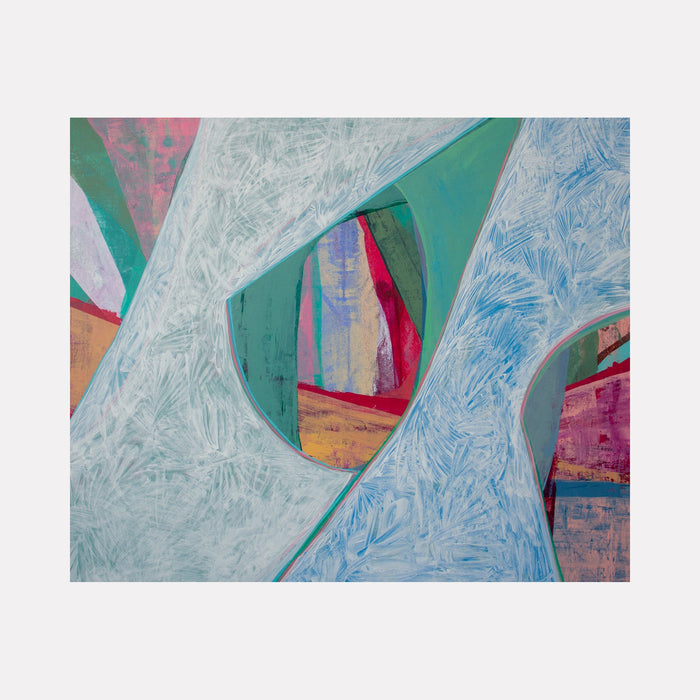 The artwork 'Symphony 11' by Carin Kulb Dangot features sweeping curves of textured white and pale blue forms against a vibrant backdrop of turquoise, pink, and orange. The abstract composition showcases dynamic movement through flowing shapes, with intricate brushwork creating a frosted, crystalline texture in the foreground. Acrylic on canvas, 36x44 inches.
