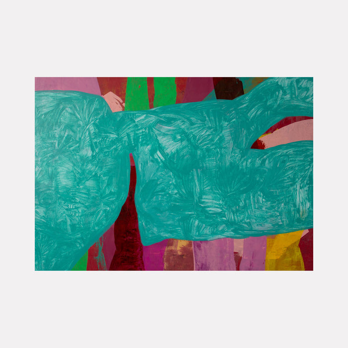 The artwork 'Symphony 2' by Carin Kulb Dangot features bold abstract shapes in vibrant turquoise dominating the composition, contrasting with deep burgundy, pink, and yellow undertones. The acrylic painting showcases organic, flowing forms with textured brushstrokes creating a dynamic, modern aesthetic on canvas, 54 x 74 inches. By Carin Kulb Dangot.