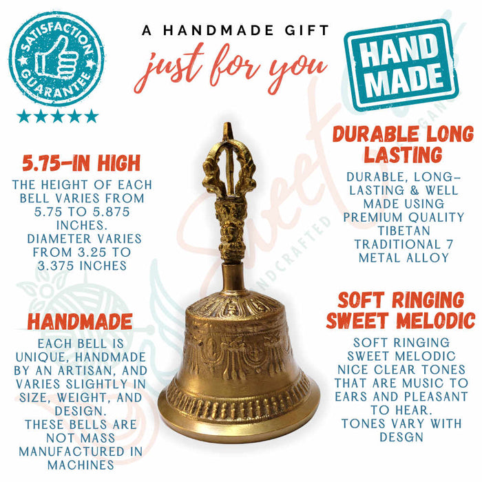 Antique Brass Hand Bell Sweet Soft Tone Meditation, Tibetan Buddhist Prayer Bell - Sweet Us