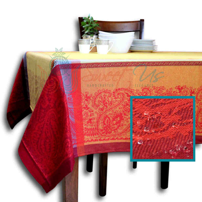 Fleur Paisley Easy Clean French Tablecloth Rectangle, Saffron Rouge - Sweet Us