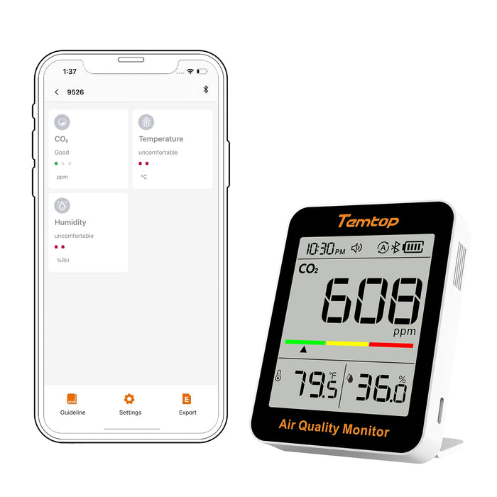 Temtop C1+ CO2 Monitor Indoor Air Quality Monitor for CO2, Temperature and Humidity with App and Data History - Temtop