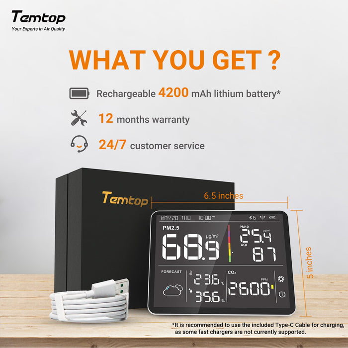 Temtop M100 8 in 1 Air Quality Monitor AQI Sensor For CO2 PM2.5 PM10 Temperature Humidity Meter - Temtop