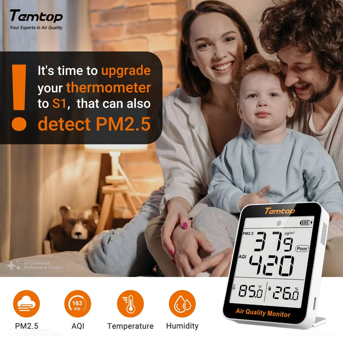 Temtop S1 Indoor Air Quality Monitor AQI PM2.5 Temperature Humidity Detector for Home, Office or School