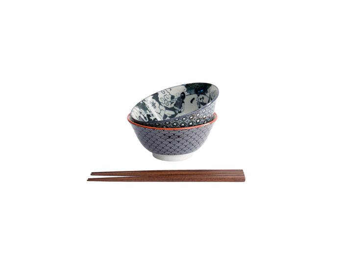 Tokyo Design Asakusa Tayo Bowl 2pc With Chopsticks Samurai - Gift Boxed