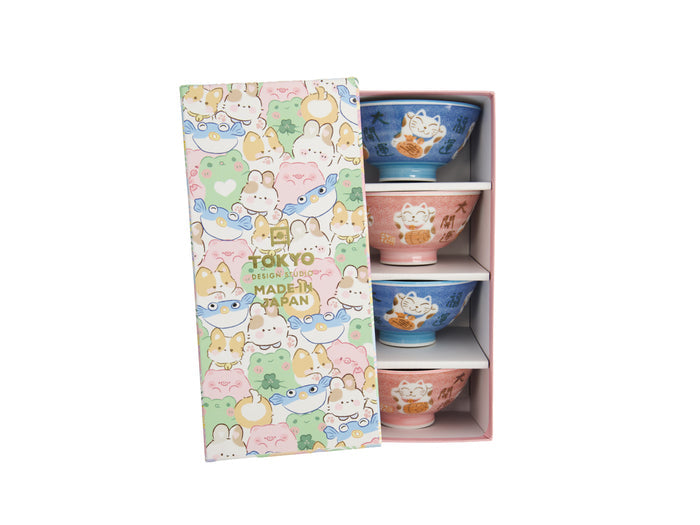 Tokyo Design Kawaii Neko Cat Set of 4 Bowls 11x6cm Gift Boxed - Assorted