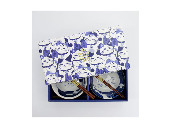 Tokyo Design Studio Kawaii Cat Neko Bowl 2pc With Chopsticks - Blue Cat - Gift Boxed - Made In Japan