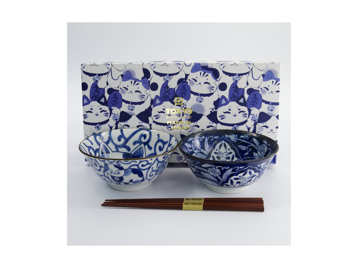 Tokyo Design Studio Kawaii Cat Neko Bowl 2pc With Chopsticks - Swirl Cat - Gift Boxed - Made In Japan