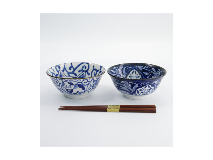 Tokyo Design Studio Kawaii Cat Neko Bowl 2pc With Chopsticks - Swirl Cat - Gift Boxed - Made In Japan