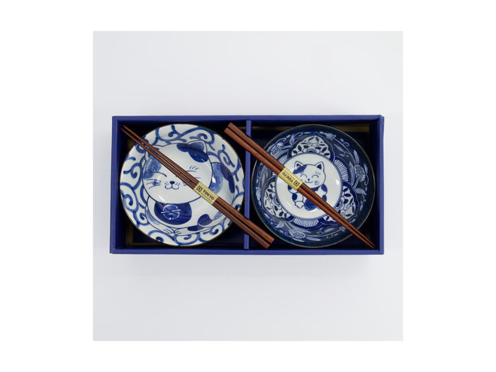 Tokyo Design Studio Kawaii Cat Neko Bowl 2pc With Chopsticks - Swirl Cat - Gift Boxed - Made In Japan