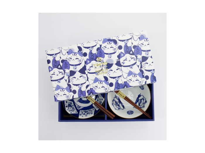 Tokyo Design Studio Kawaii Cat Neko Bowl 2pc With Chopsticks - White Cat - Gift Boxed - Made In Japan