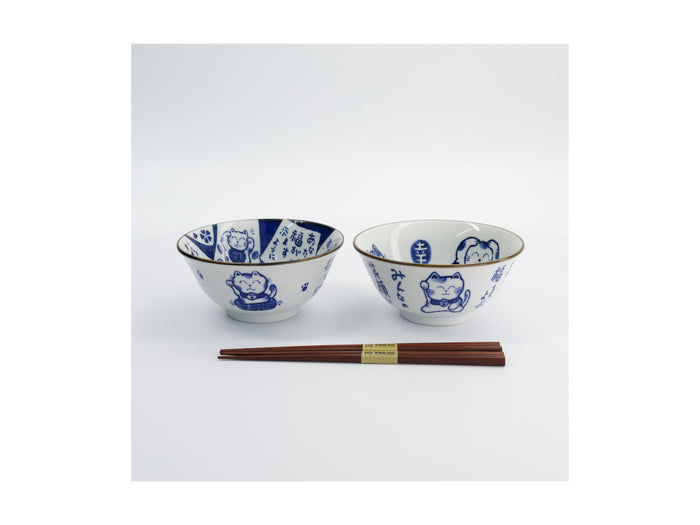 Tokyo Design Studio Kawaii Cat Neko Bowl 2pc With Chopsticks - White Cat - Gift Boxed - Made In Japan