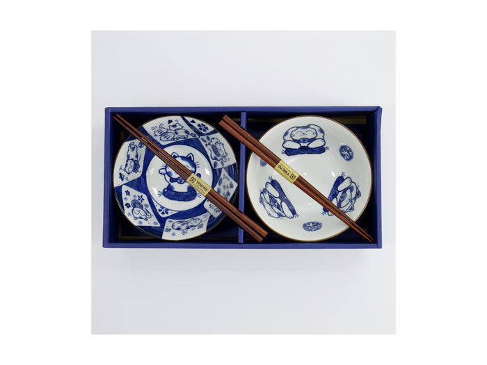 Tokyo Design Studio Kawaii Cat Neko Bowl 2pc With Chopsticks - White Cat - Gift Boxed - Made In Japan