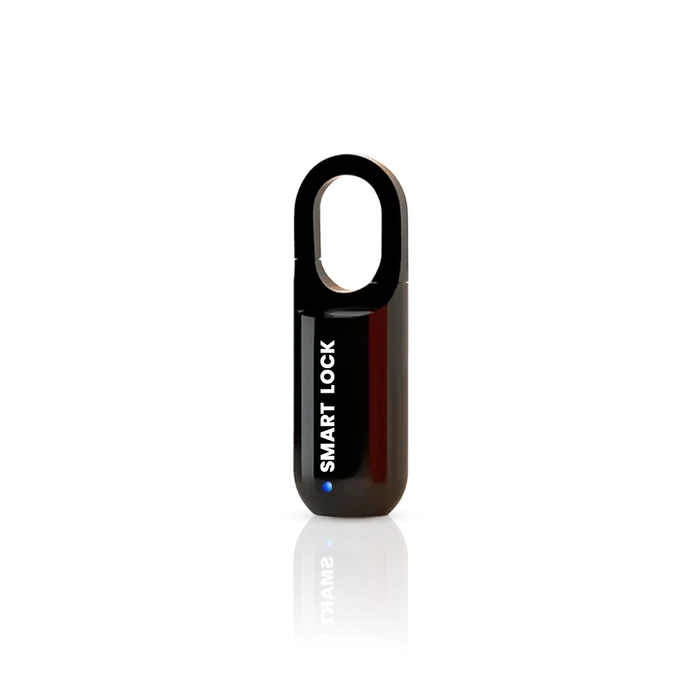 Black smart fingerprint padlock with biometric keyless unlocking and compact waterproof design for lockers, gates, and storage security