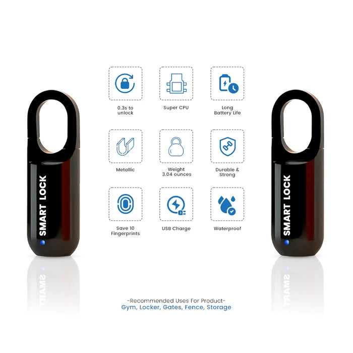 Smart fingerprint padlock feature overview showing biometric unlock, USB charging, waterproof protection, long battery life, metallic body, and storage for up to 10 fingerprints for lockers, gates, and storage security