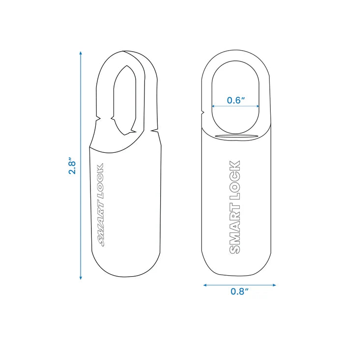 Dimension chart of smart fingerprint padlock showing compact biometric lock size measurements