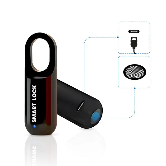 Smart fingerprint padlock showing USB rechargeable charging port and biometric fingerprint unlocking sensor for keyless security access