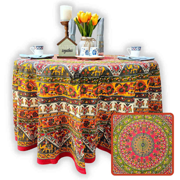 Cotton Tusker Bloom Floral Print Cotton Tablecloth Round, Red Spice Bouquet - Sweet Us