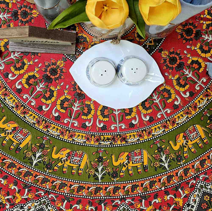 Cotton Tusker Bloom Floral Print Cotton Tablecloth Round, Red Spice Bouquet - Sweet Us