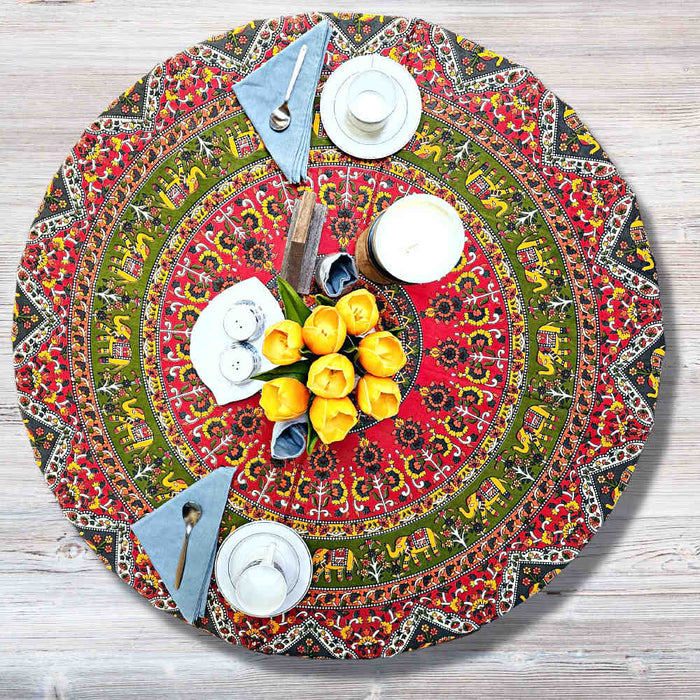 Cotton Tusker Bloom Floral Print Cotton Tablecloth Round, Red Spice Bouquet - Sweet Us