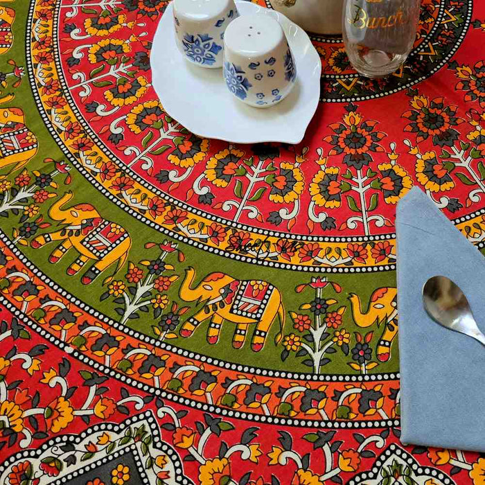 Cotton Tusker Bloom Floral Print Cotton Tablecloth Round, Red Spice Bouquet - Sweet Us