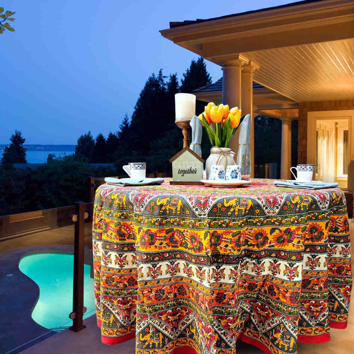 Cotton Tusker Bloom Floral Print Cotton Tablecloth Round, Red Spice Bouquet - Sweet Us
