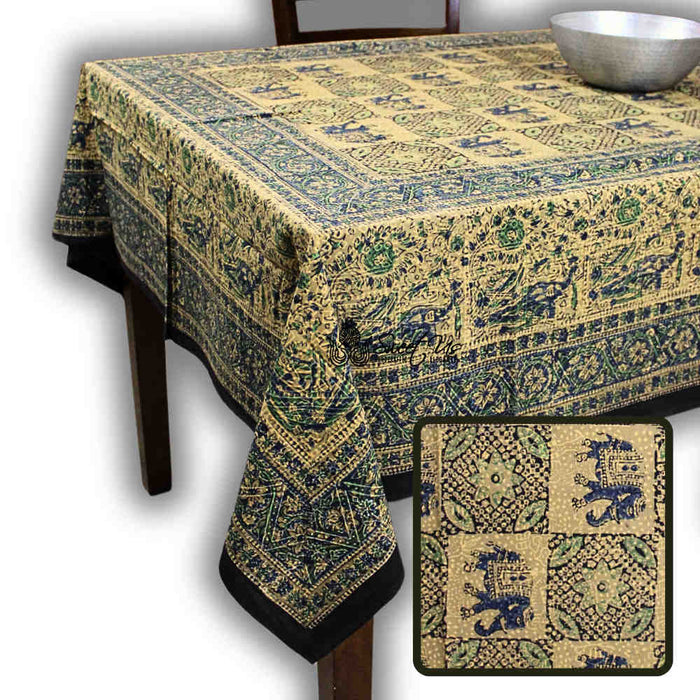 Tusker Trellis Block Print Batik Floral Tablecloth Rectangle, Seafoam - Sweet Us