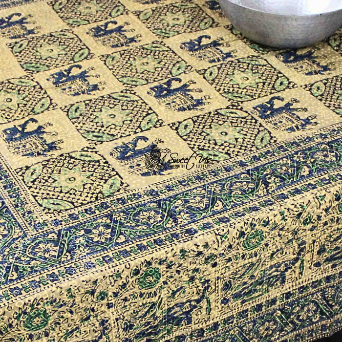 Tusker Trellis Block Print Batik Floral Tablecloth Rectangle, Seafoam - Sweet Us