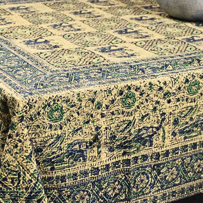 Tusker Trellis Block Print Batik Floral Tablecloth Rectangle, Seafoam - Sweet Us