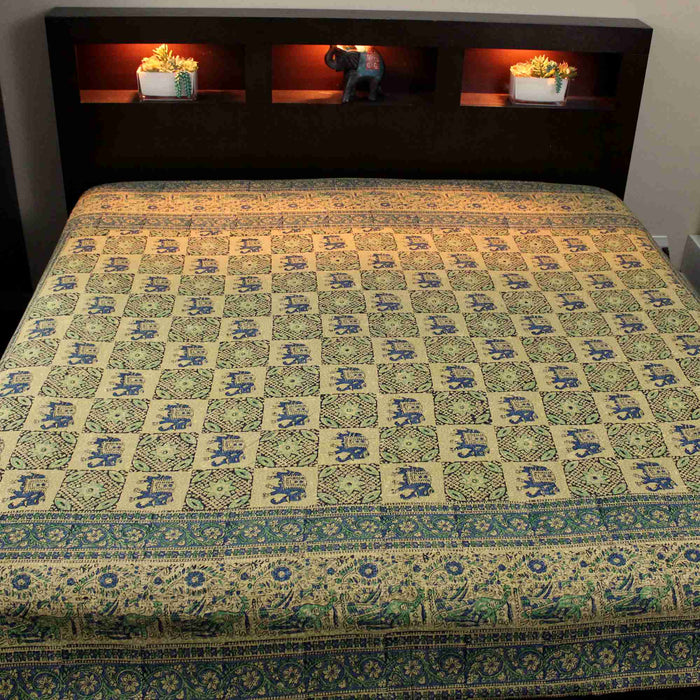 Elephant Block Print Batik Floral Tapestry Wall Hanging Spread Cotton Green - Sweet Us