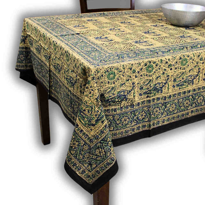 Tusker Trellis Block Print Batik Floral Tablecloth Rectangle, Seafoam - Sweet Us