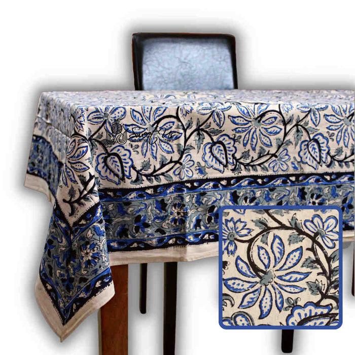 Venetia Block Print Floral Tablecloth Square Nile Blue, Black, Gray, Beige - Sweet Us
