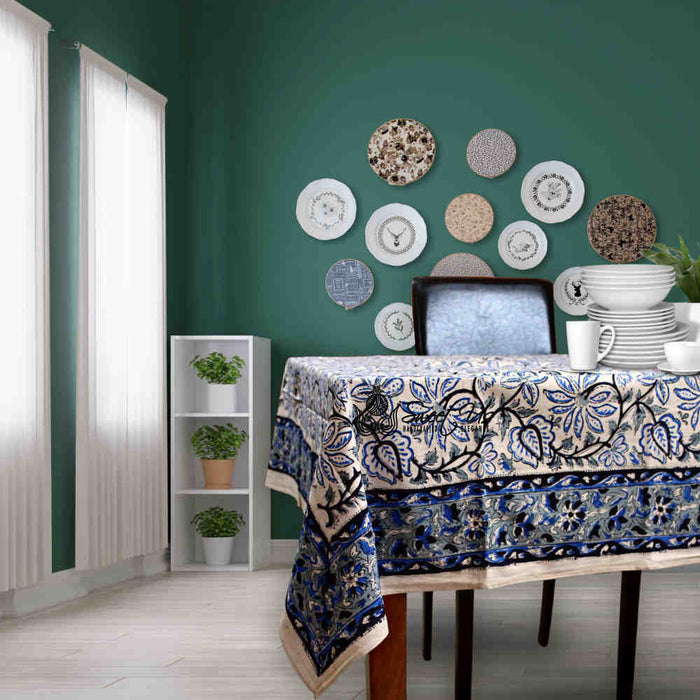 Venetia Block Print Floral Tablecloth Square Nile Blue, Black, Gray, Beige - Sweet Us