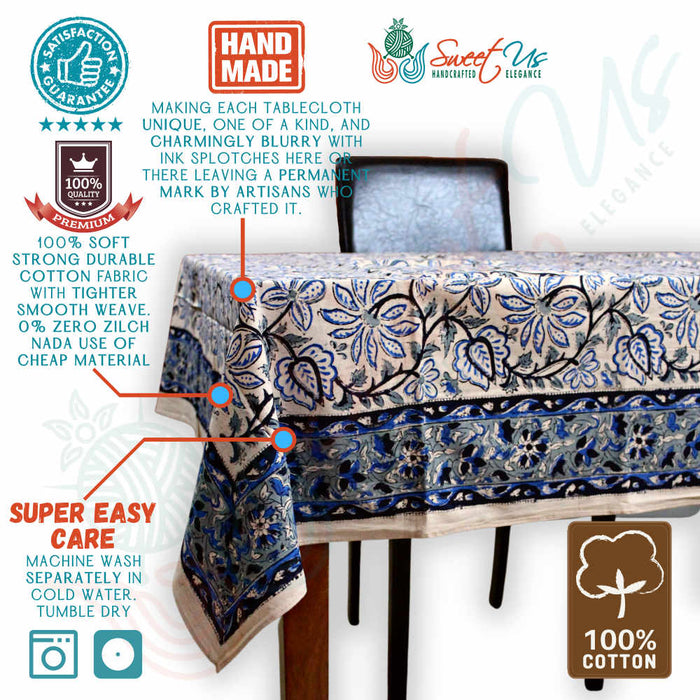 Venetia Block Print Floral Tablecloth Square Nile Blue, Black, Gray, Beige - Sweet Us