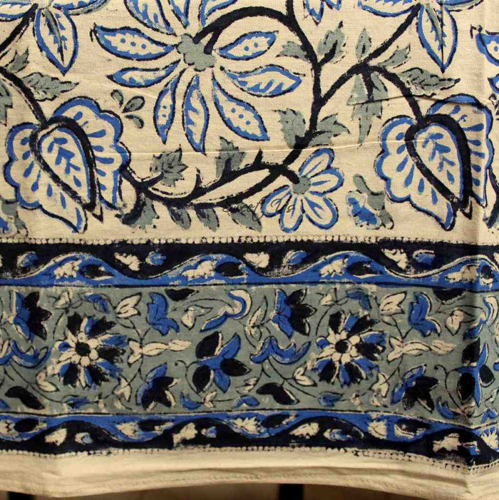 Venetia Block Print Floral Tablecloth Square Nile Blue, Black, Gray, Beige - Sweet Us