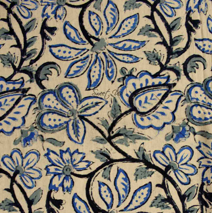 Venetia Block Print Floral Tablecloth Square Nile Blue, Black, Gray, Beige - Sweet Us
