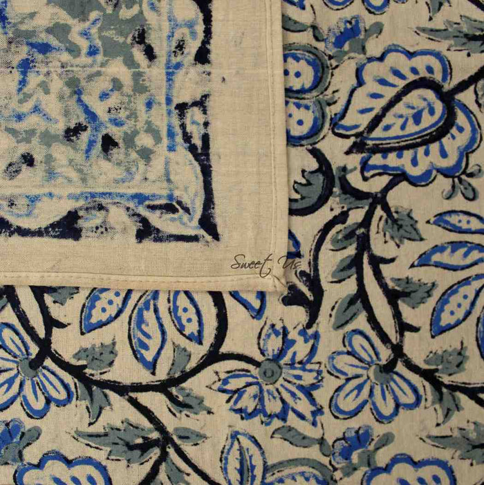 Venetia Block Print Floral Tablecloth Square Nile Blue, Black, Gray, Beige - Sweet Us