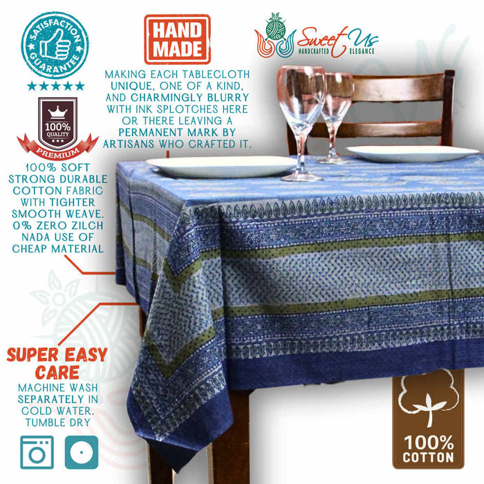 Vintage Diamond Floral Cotton Block Print Tablecloth Rectangle, Neptune Harvest - Sweet Us