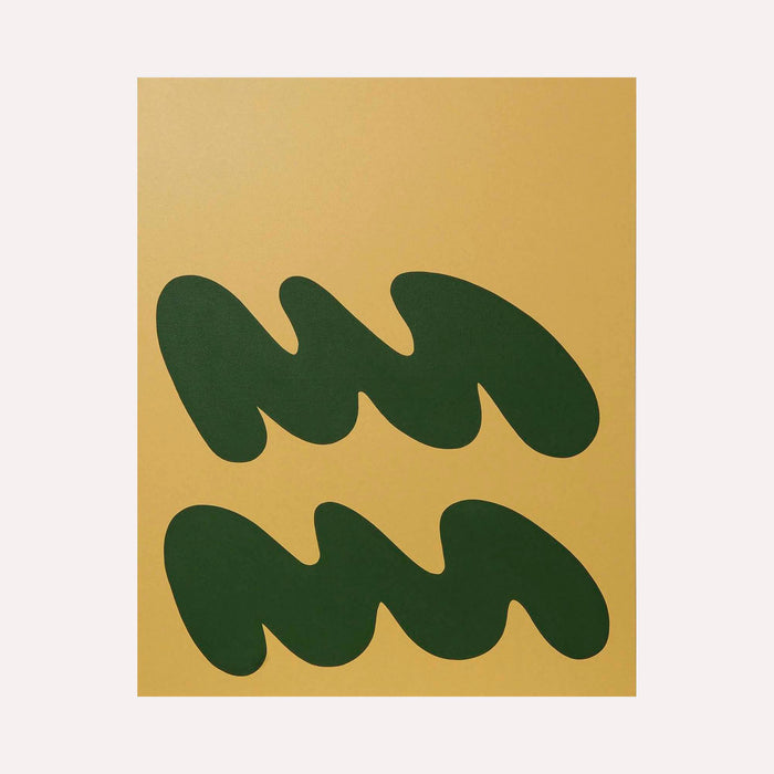 The artwork 'WAVES III' by Shadia Sabagh features two parallel rows of stylized wave shapes in deep forest green against a warm mustard yellow background. The minimalist acrylic painting on canvas showcases organic, flowing forms that create a rhythmic pattern, embodying abstract modern art aesthetics. The bold contrast between colors emphasizes the wave motif's sculptural quality.