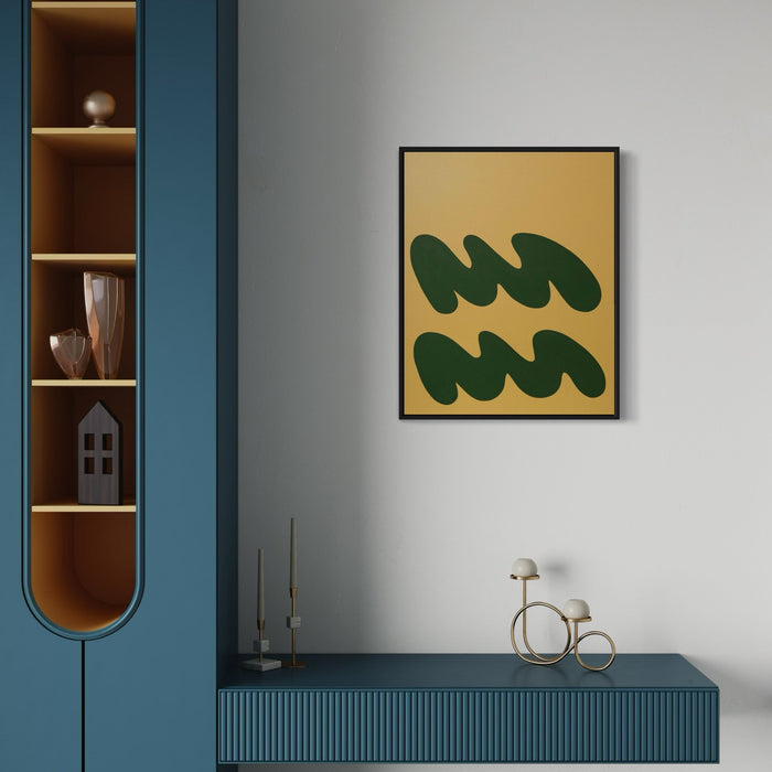 A photo of the artwork WAVES III, by Shadia Sabagh, hanging on a wall.