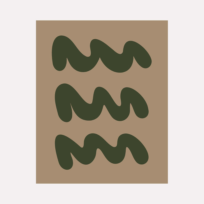 The artwork 'WAVES V' by Shadia Sabagh features three horizontal rows of undulating dark green wave-like forms against a warm beige background. The minimalist abstract composition showcases smooth, curvilinear shapes with rounded edges, creating a rhythmic pattern reminiscent of ocean waves or rolling hills. This acrylic on canvas painting measures 24 by 30 inches.