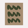 The artwork 'WAVES V' by Shadia Sabagh features three horizontal rows of undulating dark green wave-like forms against a warm beige background. The minimalist abstract composition showcases smooth, curvilinear shapes with rounded edges, creating a rhythmic pattern reminiscent of ocean waves or rolling hills. This acrylic on canvas painting measures 24 by 30 inches.