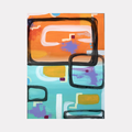 The artwork 'Windows of Liberation' by Hazal Ozturk features abstract geometric shapes resembling windows in vibrant orange, turquoise, and purple hues. Bold black frames create structured rectangles against fluid brushstrokes, showcasing a modern contemporary style on acrylic canvas. Dynamic composition blends warm and cool tones in an expressive, architectural arrangement.