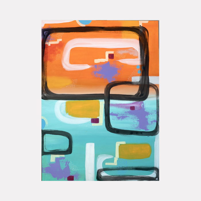 The artwork 'Windows of Liberation' by Hazal Ozturk features abstract geometric shapes resembling windows in vibrant orange, turquoise, and purple hues. Bold black frames create structured rectangles against fluid brushstrokes, showcasing a modern contemporary style on acrylic canvas. Dynamic composition blends warm and cool tones in an expressive, architectural arrangement.