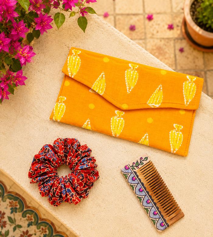 Yellow Block Print Clutch & Scrunchie Everyday Carry Set