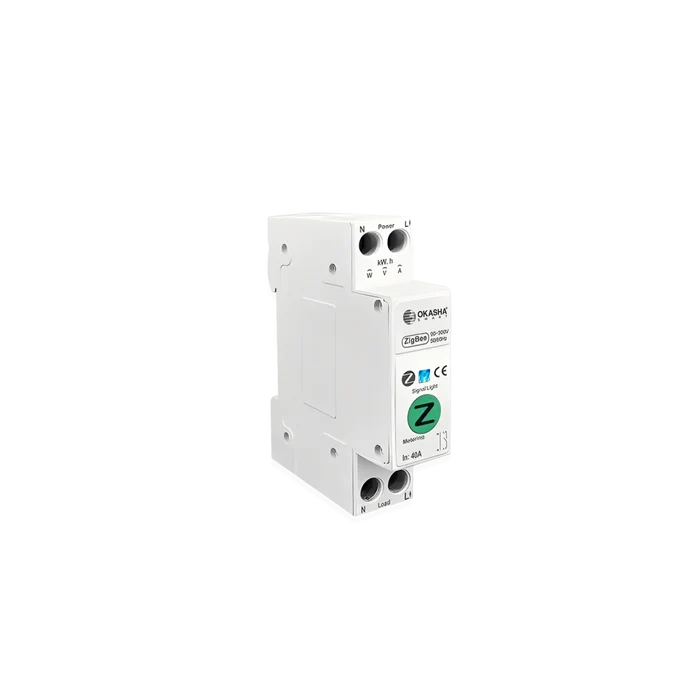 Zigbee Smart Power Switch 40A DIN rail module showing wiring terminals and energy monitoring ports